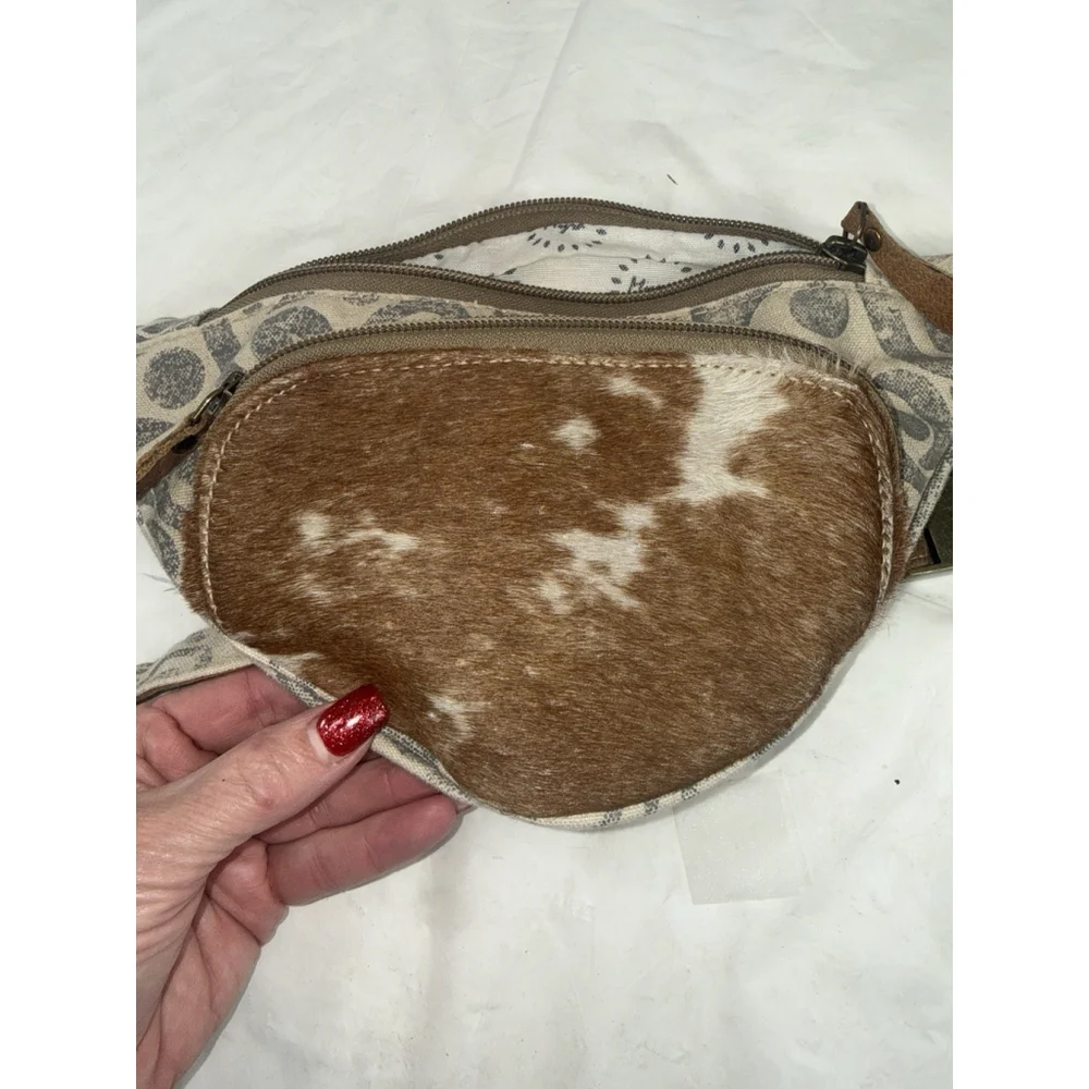 MYRA Bag Canvas Leather Hair On Hide Western Fanny Pack Sling Purse